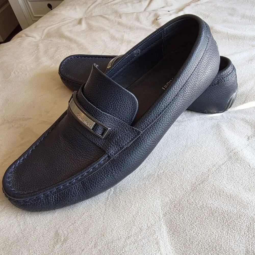 Calvin Klein Men's Navy Blue Leather Loafer Slip On Square Toe Logo Metal Bar